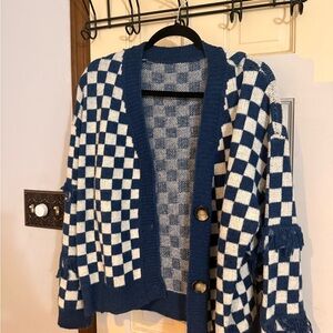 Blue and White Checkered Cardigan